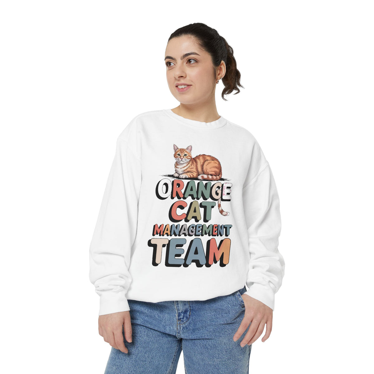 Orange Cat Mom Sweatshirt, Orange Cat Management Team Crewneck, Funny Family Roles Gift, Retro Cat Lover Sweater, Cat Mom Gift, Embroidered…