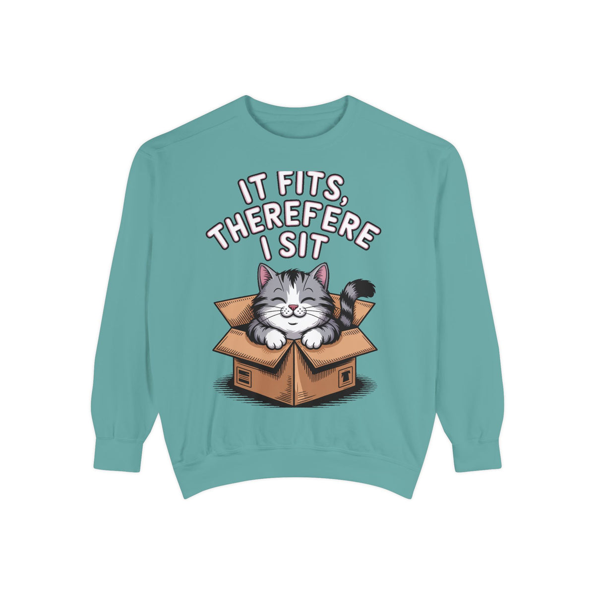 Funny Cat Sweatshirt, It Fits Therefore I Sit Crewneck, Cat In Box Embroidered Sweatshirt, Cat Lover Gift, Funny Cat Lover Sweater