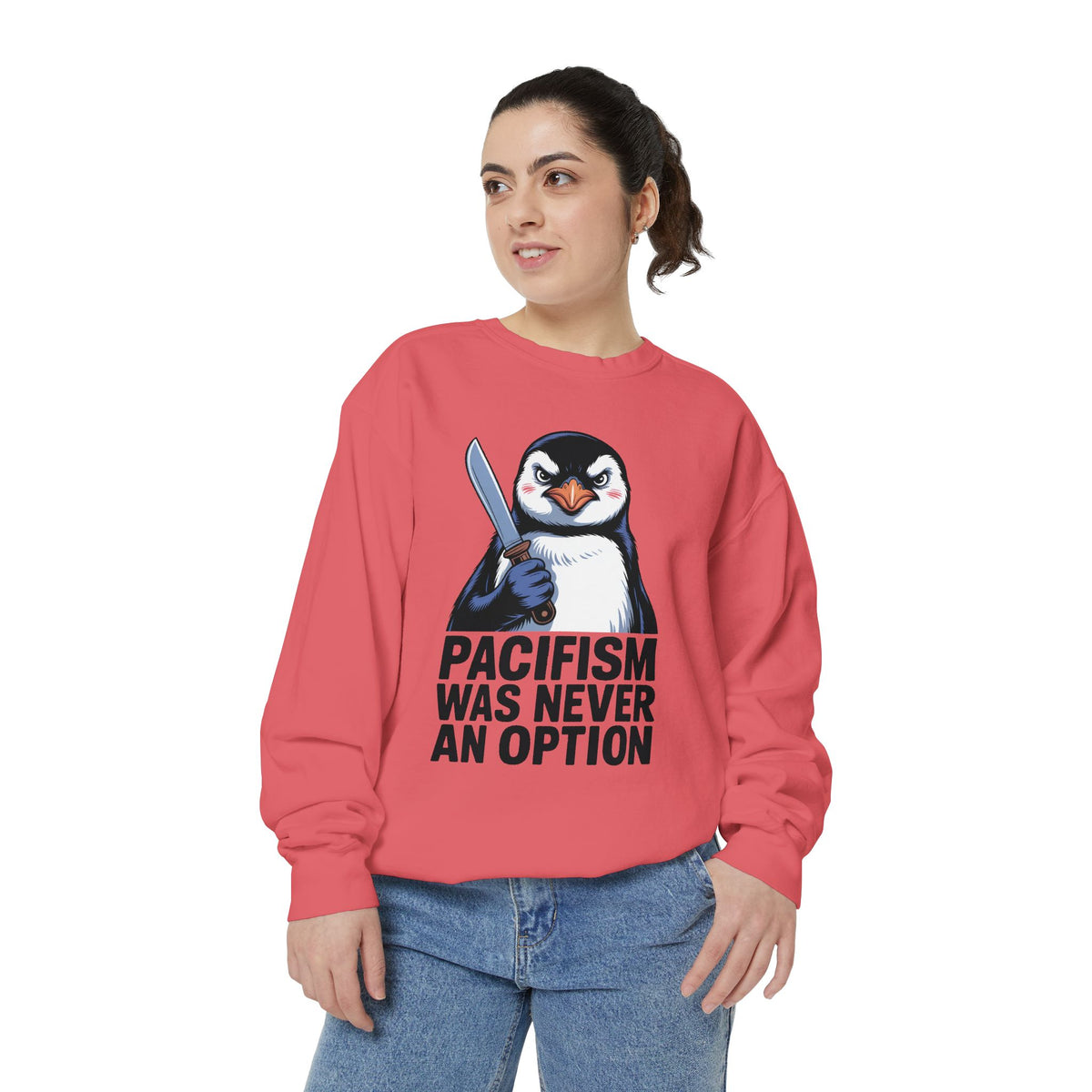 Pacifism Was Never An Option Penguin Sweatshirt, Funny Butter Knife Penguin Crewneck, Vintage Poster Style Graphic Sweatshirt Gift