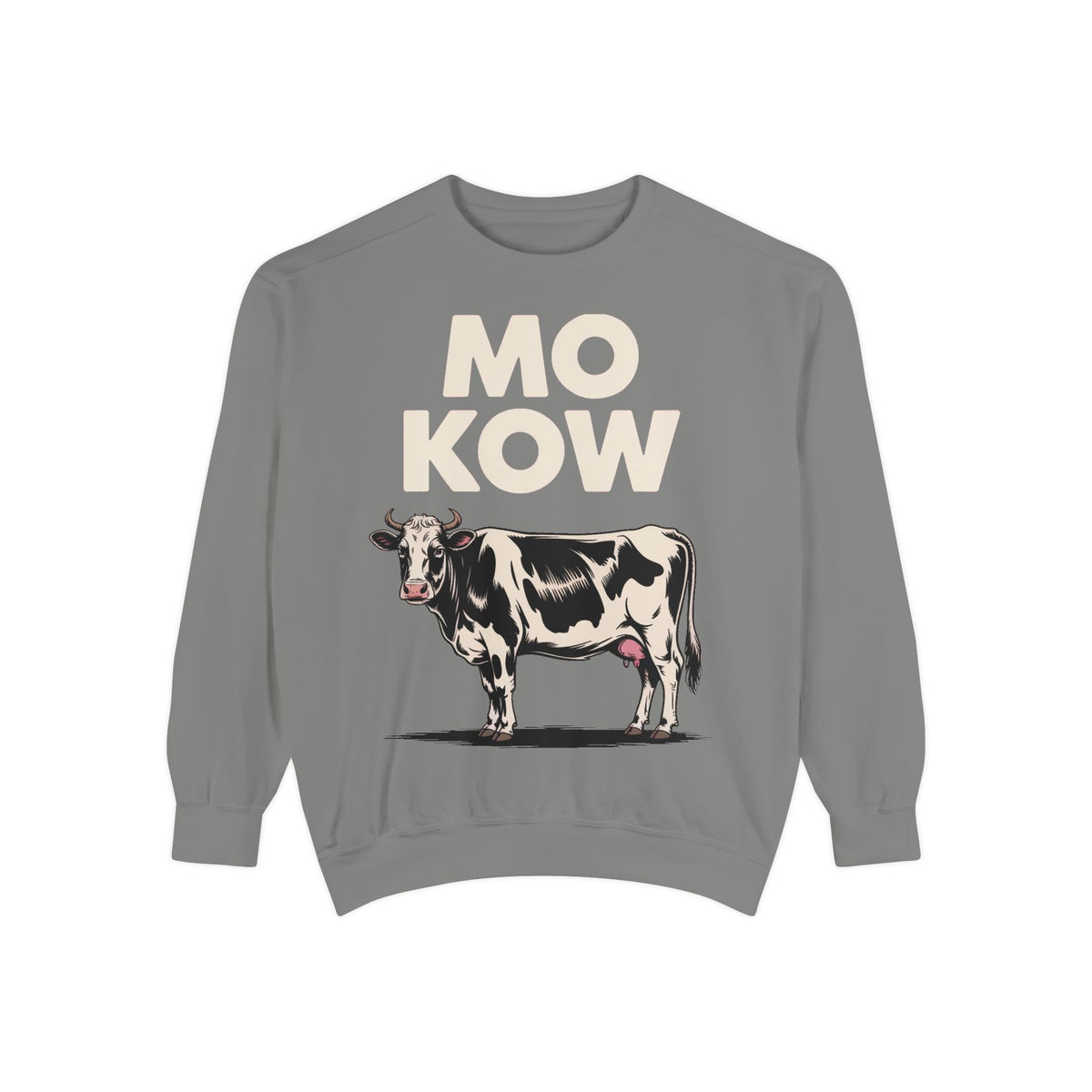 Mo Kow Funny Cow Sweatshirt, Absurd Meme Crewneck, Deadpan Farm Animal Embroidered Sweatshirt, Funny Cow Lover Gift