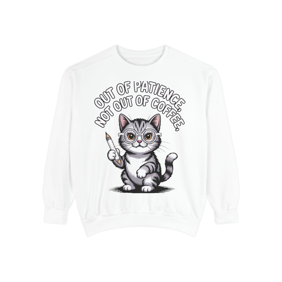 Teacher Cat Sweatshirt, Funny Cat Teacher Crewneck, Out Of Patience Not Out Of Coffee Shirt, Teacher Gift, Cat Lover Sweatshirt