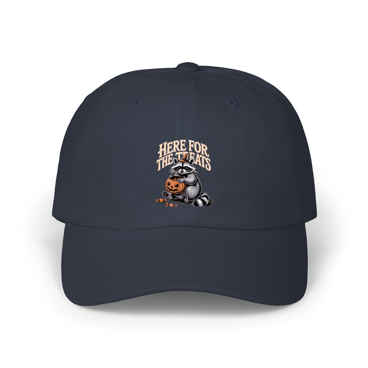 Here For The Treats Raccoon Dad Hat, Funny Halloween Cap, Vintage Raccoon Embroidered Dad Cap, Spooky Season Trick or Treat Gift