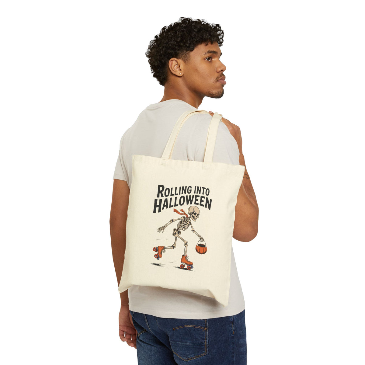 Rolling Into Halloween Skeleton Tote Bag, Retro Skeleton Roller Skating Canvas Bag, Funny Halloween Gift Bag