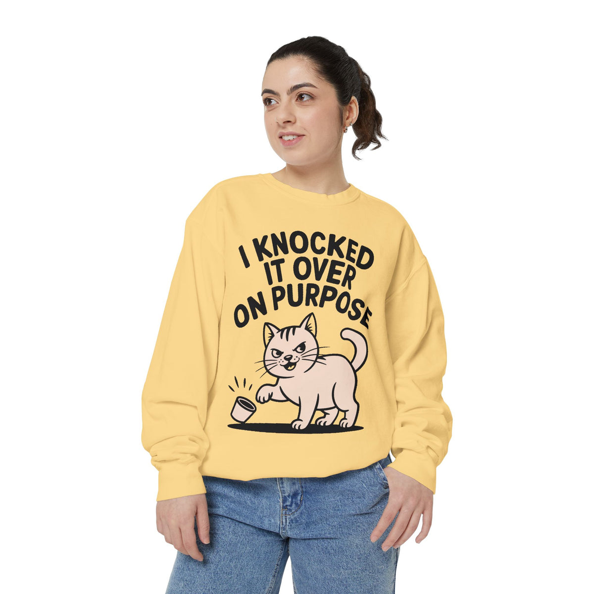 Funny Cat Sweatshirt, I Knocked It Over On Purpose Crewneck, Cute Cat Lover Gift, Embroidered Patch Style Cat Sweatshirt