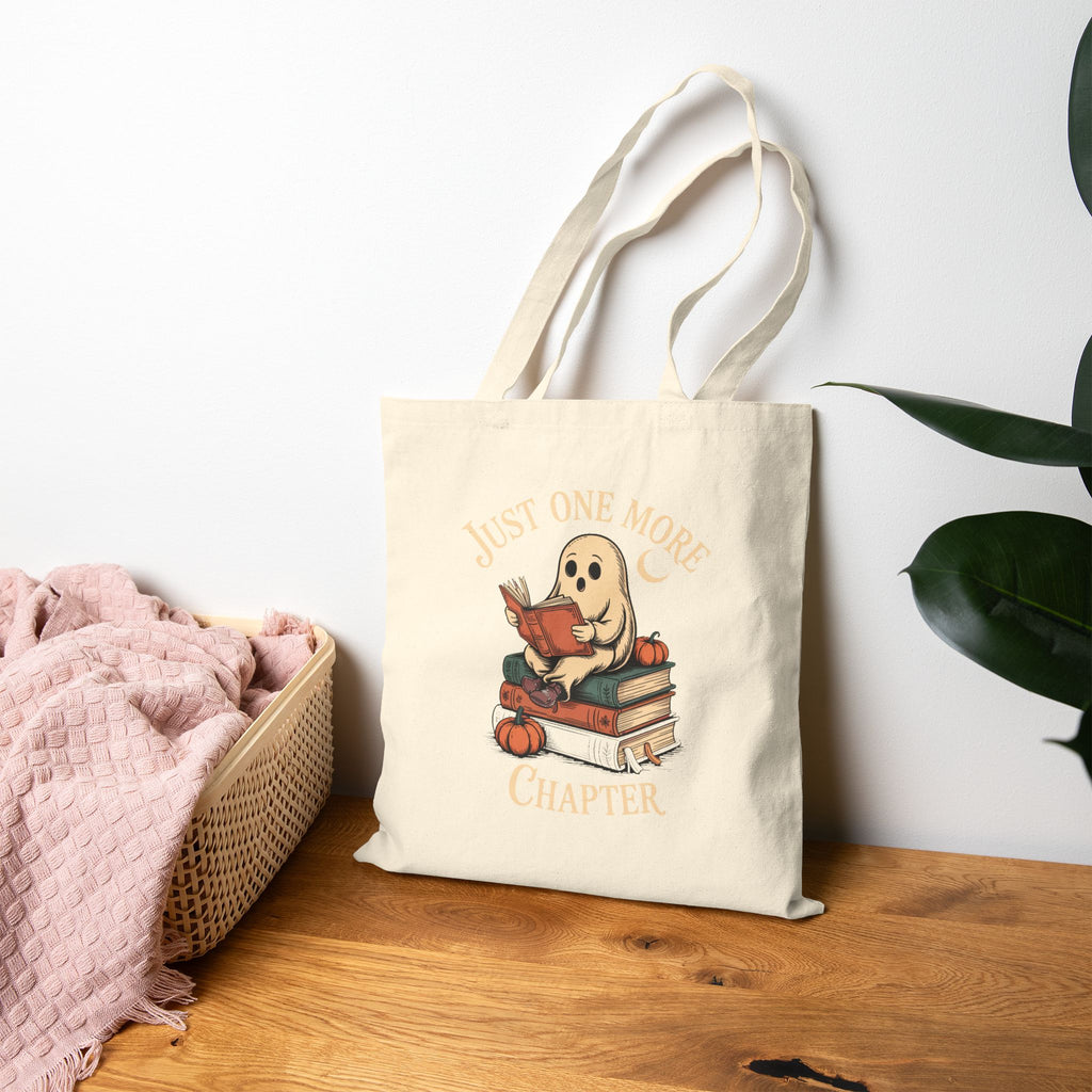 Just One More Chapter Ghost Tote Bag, Halloween Reading Tote, Bookish Ghost Canvas Bag, Spooky Season Book Lover Gift