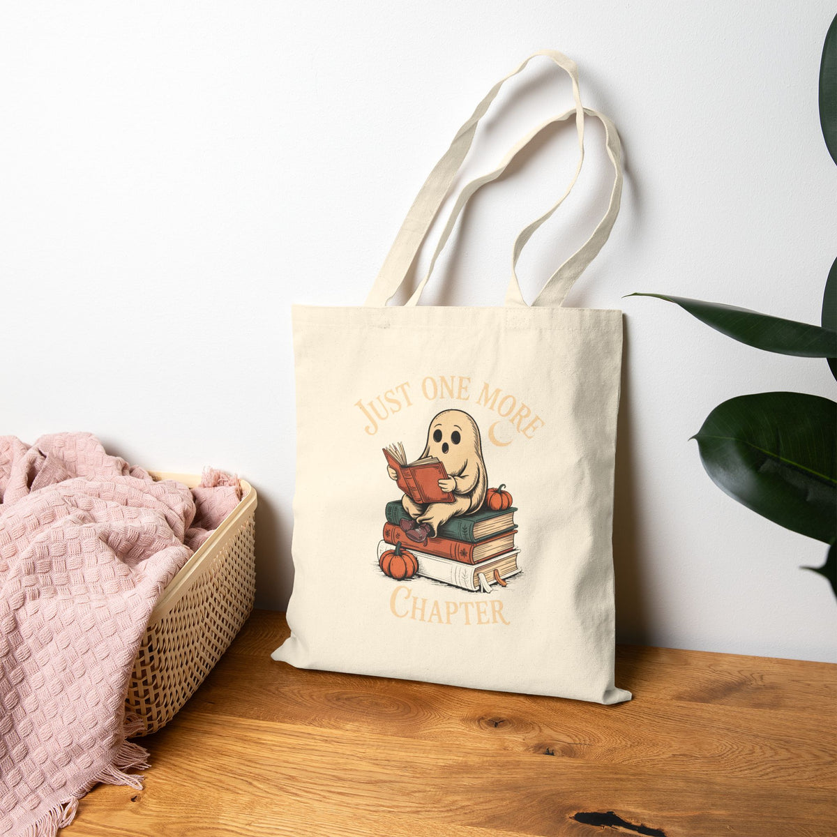 Just One More Chapter Ghost Tote Bag, Halloween Reading Tote, Bookish Ghost Canvas Bag, Spooky Season Book Lover Gift