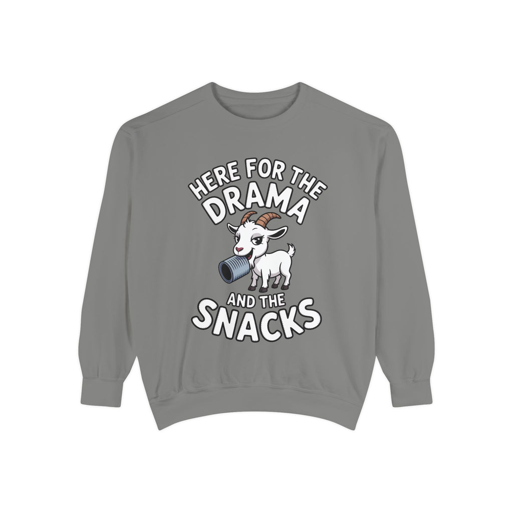 Funny Goat Sweatshirt, Here For The Drama And The Snacks Crewneck, Cute Goat Lover Gift, Embroidered Patch Style Sweatshirt