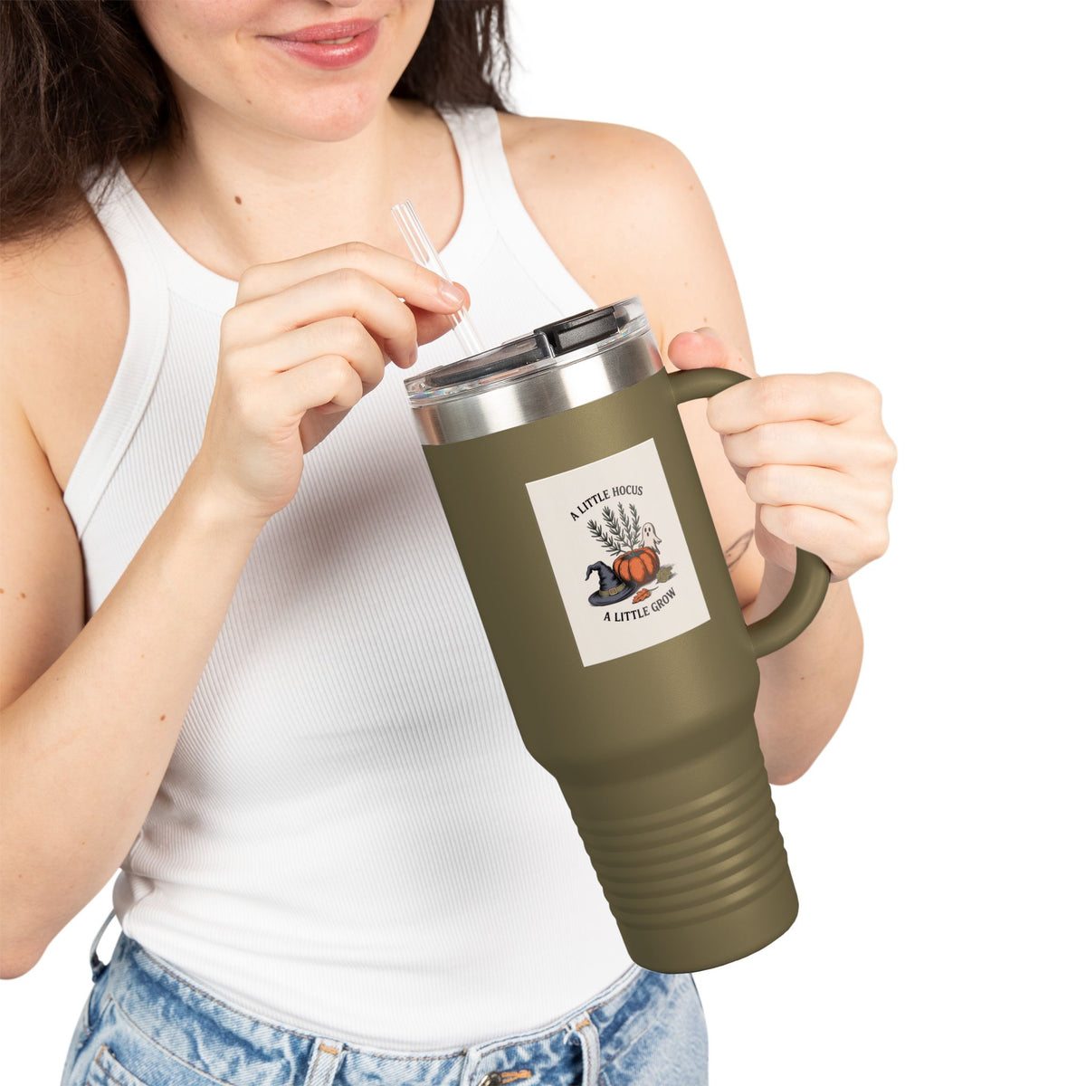 A Little Hocus A Little Grow Tumbler, Halloween Travel Mug, Botanical Witch Hat Ghost 40oz Insulated Cup, Pumpkin Planter Gift