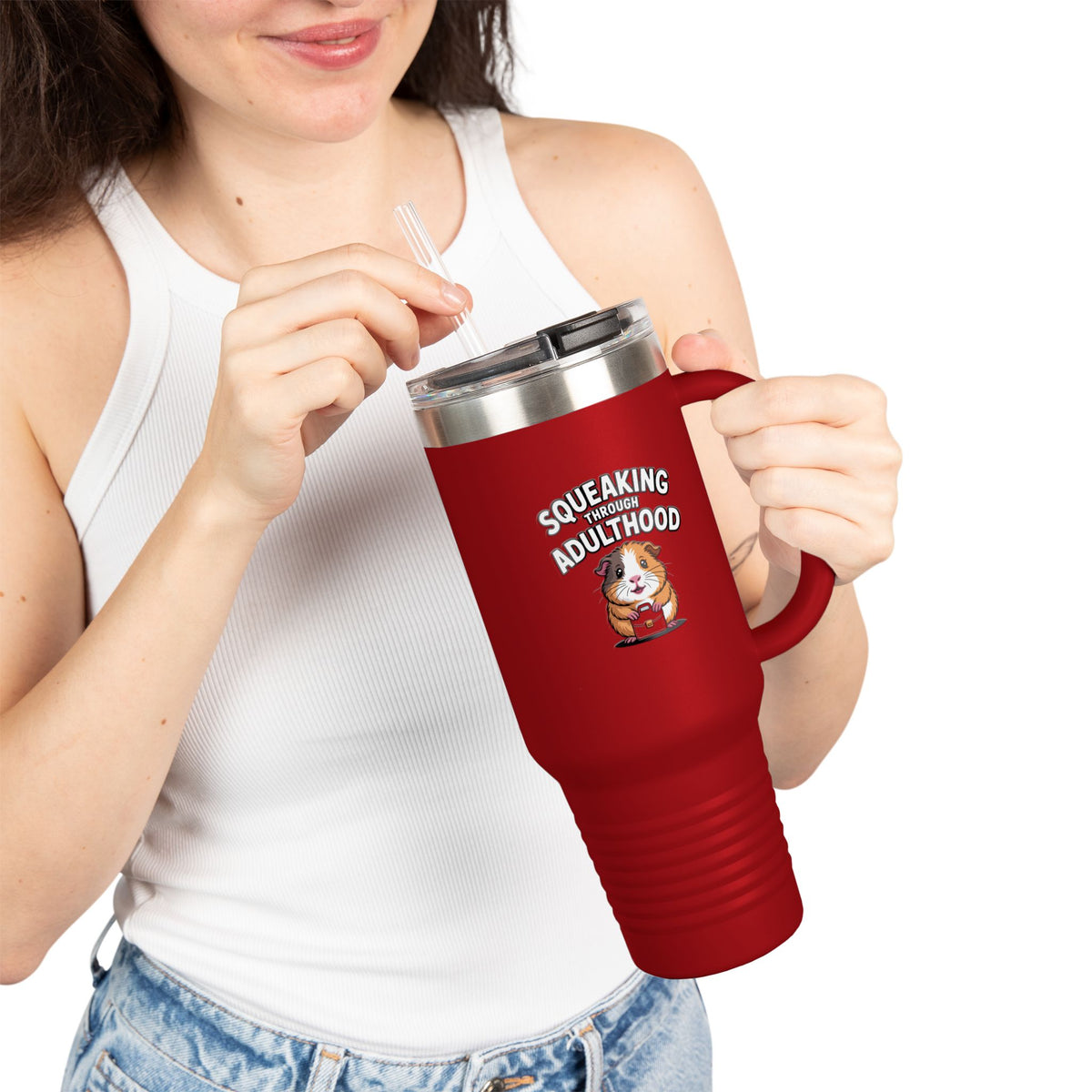 Guinea Pig Squeaking Through Adulthood Travel Mug, Funny Adulting Tumbler, Cute Guinea Pig Gift, 40oz Insulated Cup with Straw