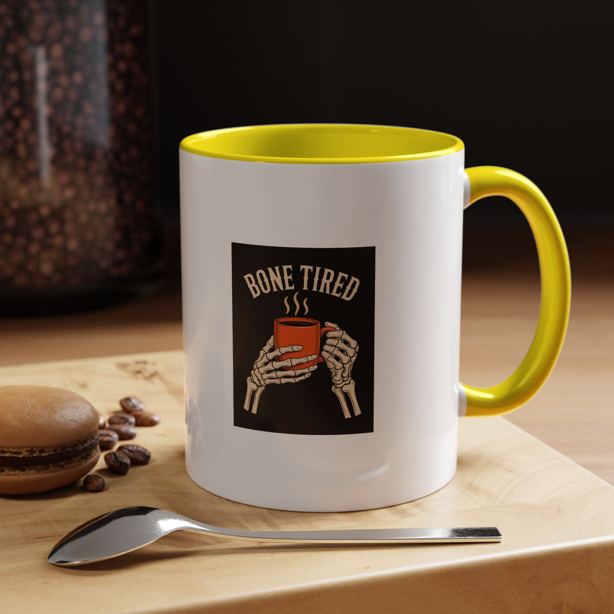 Bone Tired Coffee Mug, Skeleton Hands Halloween Mug, Vintage Halloween Coffee Cup, Funny Skeleton Mug Gift, Spooky Season Coffee Mug