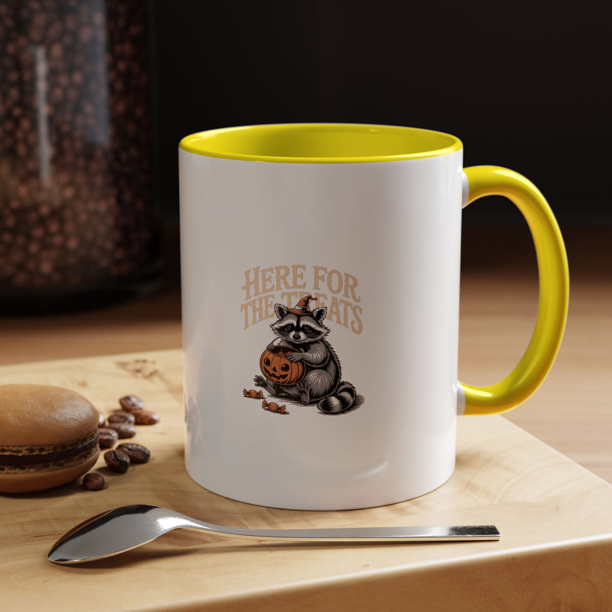 Here For The Treats Raccoon Mug, Funny Halloween Coffee Cup, Vintage Witch Raccoon Gift, Spooky Season Ceramic Mug