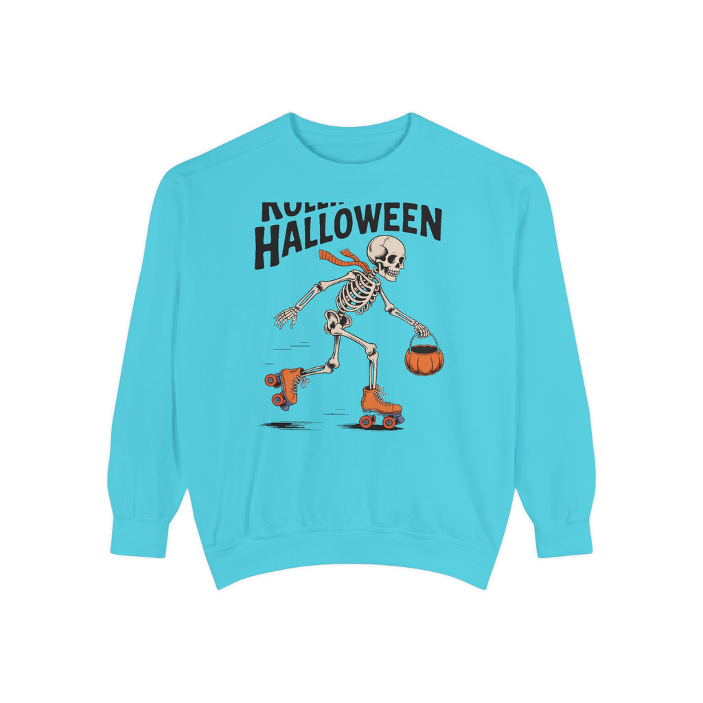 Rolling Into Halloween Skeleton Sweatshirt, Retro Roller Skate Skeleton Crewneck, Funny Halloween Gift, Vintage Spooky Season Sweatshirt