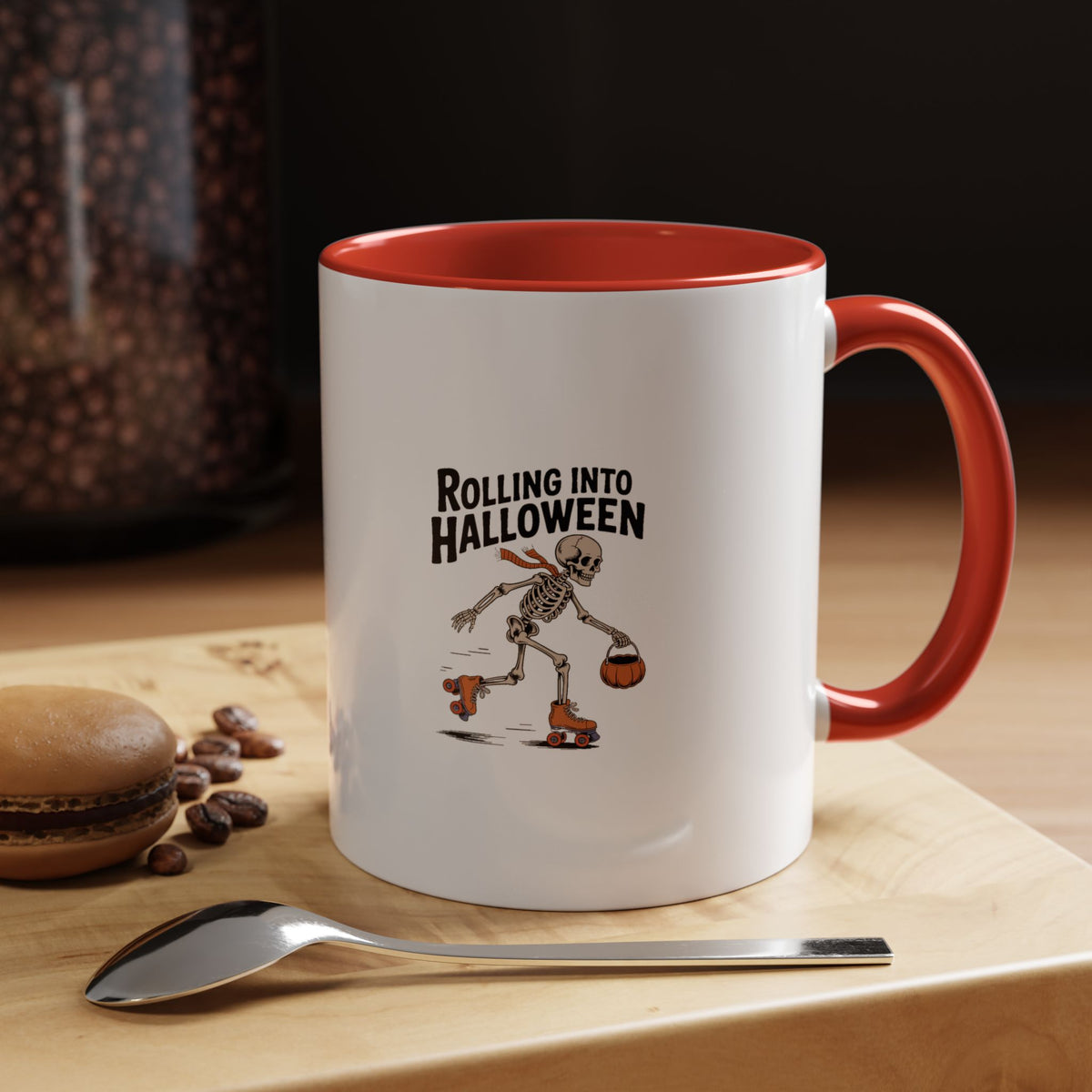 Rolling Into Halloween Skeleton Mug, Retro Roller Skating Skeleton Coffee Cup, Funny Halloween Gift, Spooky Season Accent Mug