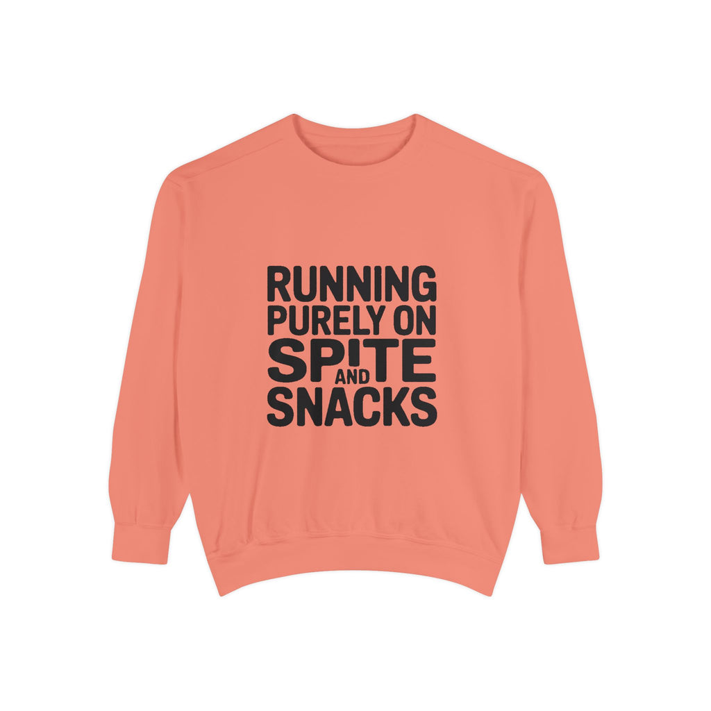 Running On Spite And Snacks Sweatshirt, Funny Sarcastic Crewneck, Embroidered-Look Bold Text Sweatshirt, Sarcastic Gift for Friend