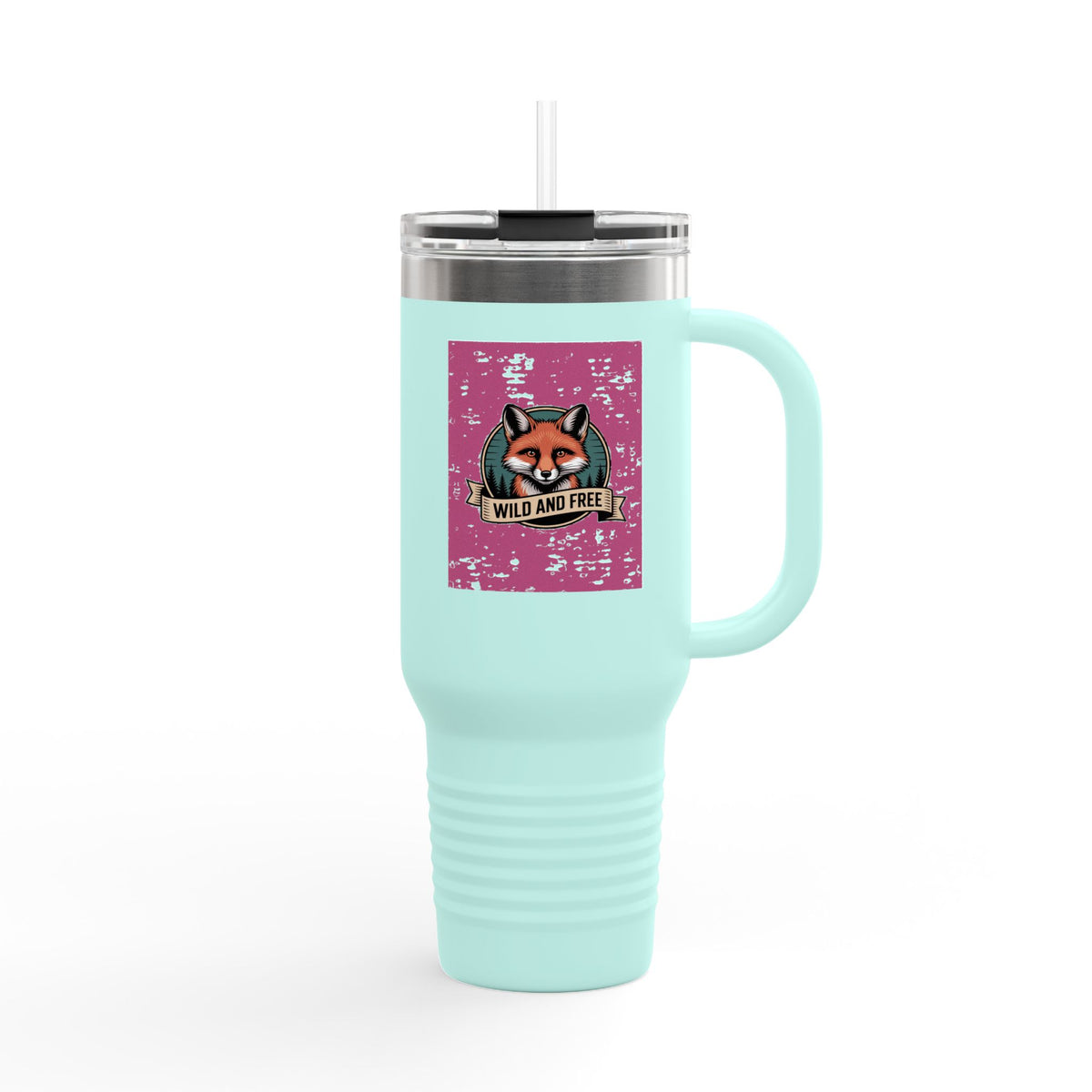 Retro Fox Travel Mug, Vintage Wildlife Badge 40oz Tumbler, Wild and Free Outdoor Gift, Fox Lover Insulated Cup with Handle and Straw
