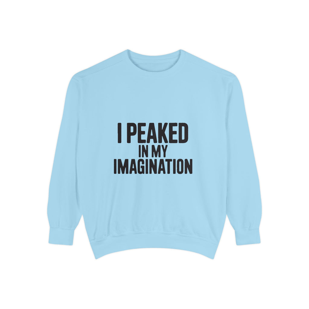 I Peaked In My Imagination Sweatshirt, Funny Sarcastic Crewneck, Bold Typography Embroidered Sweatshirt, Daydreamer Gift