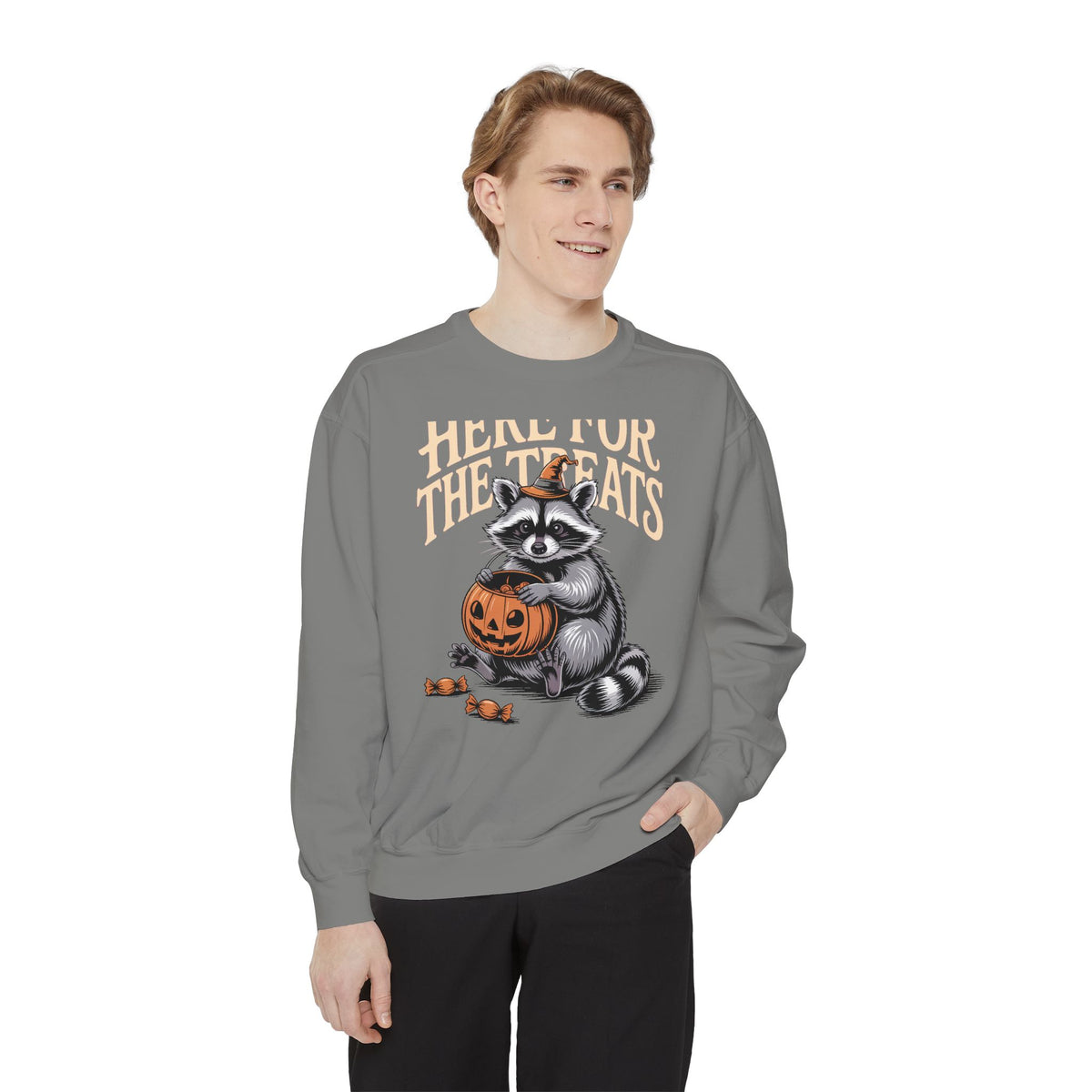 Here For The Treats Raccoon Sweatshirt, Funny Halloween Crewneck, Vintage Trick Or Treat Raccoon Shirt, Spooky Season Gift
