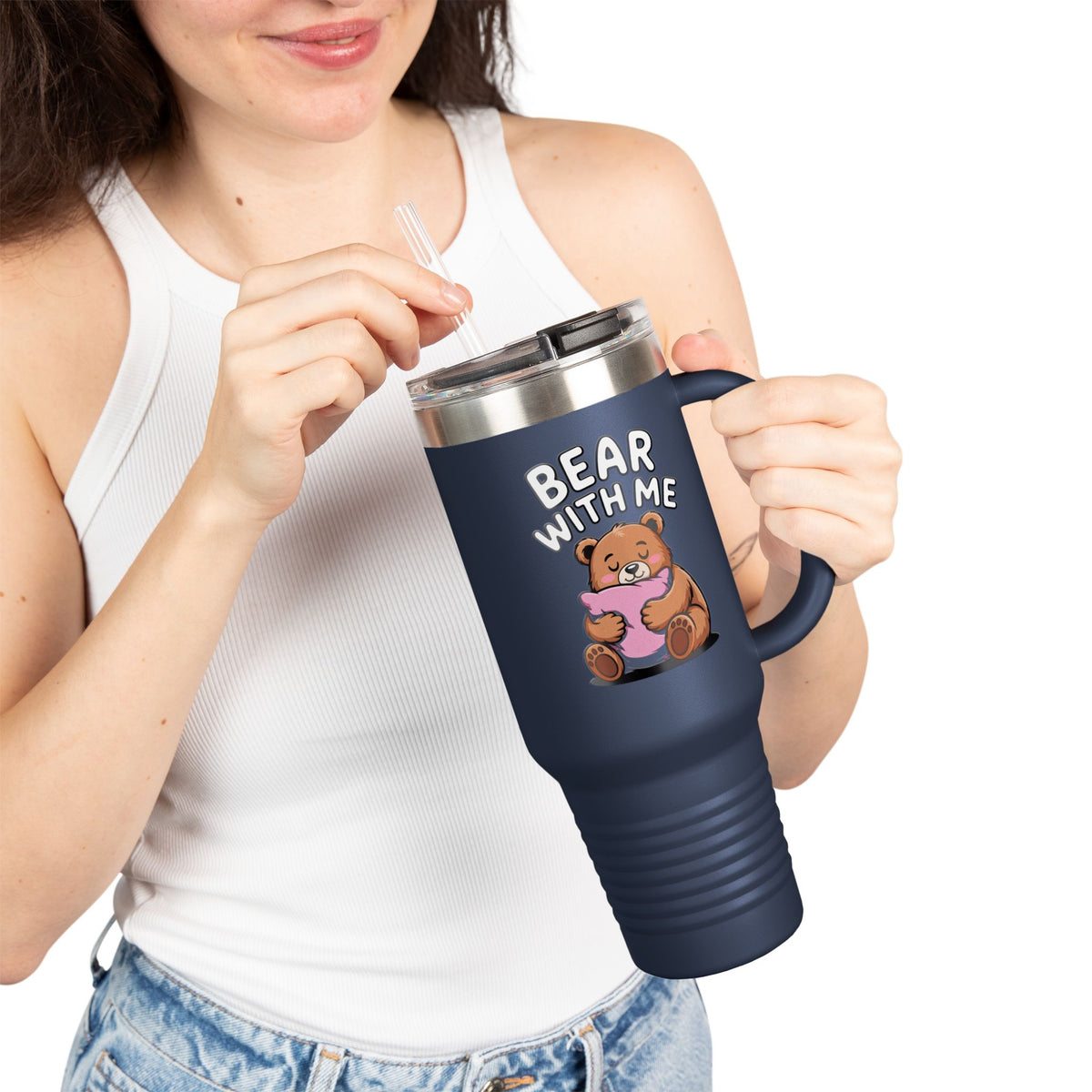 Bear With Me Travel Mug 40oz, Cute Bear Tumbler, Funny Sleepy Bear Insulated Cup With Handle And Straw, Bear Lover Gift