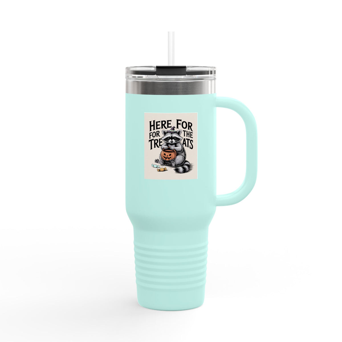 Here For The Treats Raccoon Travel Mug, Funny Halloween Tumbler, Spooky Season 40oz Tumbler with Handle, Trick or Treat Gift