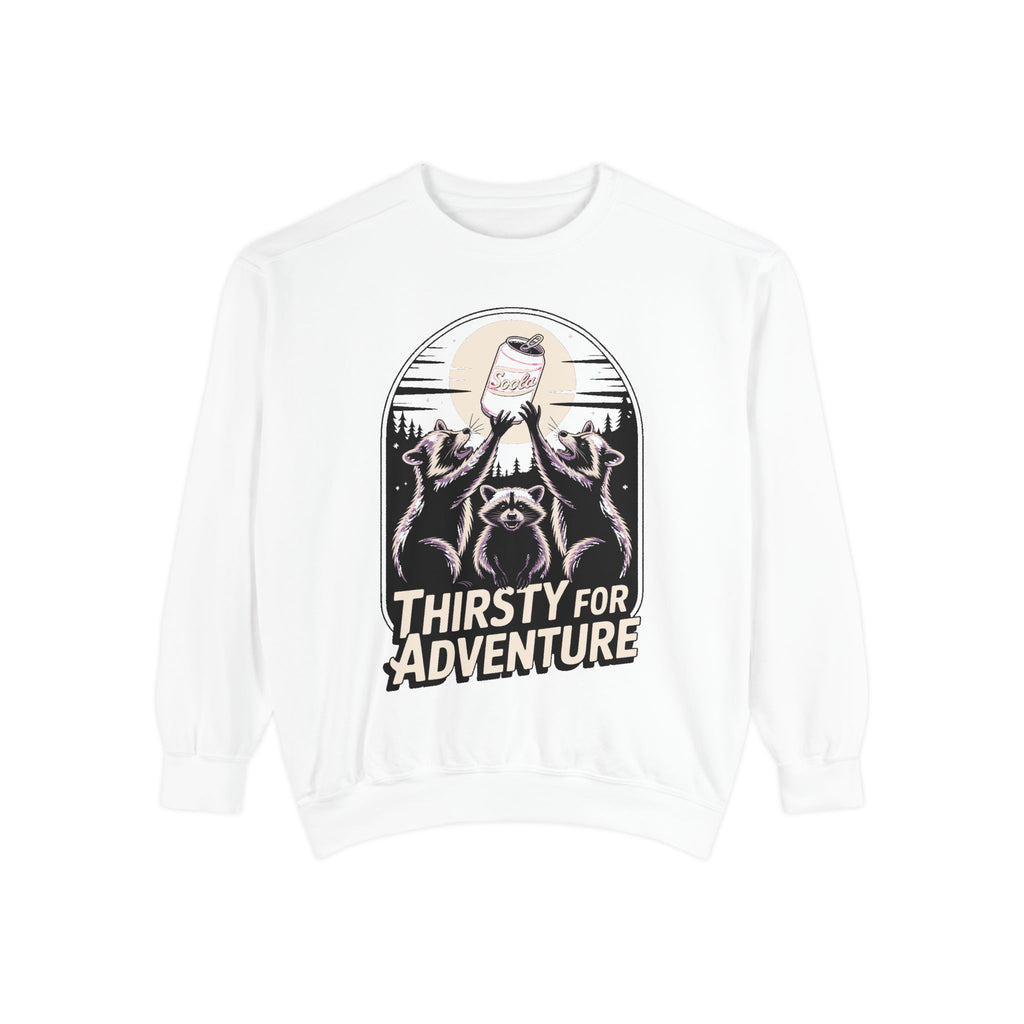 Thirsty For Adventure Raccoons Sweatshirt, Funny Vintage Poster Crewneck, Retro Raccoon Graphic Sweatshirt Gift