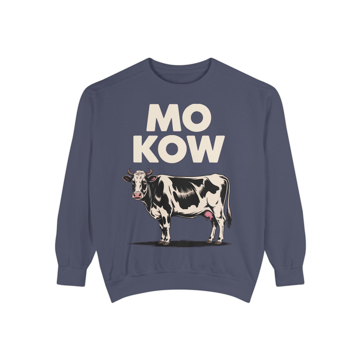 Mo Kow Funny Cow Sweatshirt, Absurd Meme Crewneck, Deadpan Farm Animal Embroidered Sweatshirt, Funny Cow Lover Gift