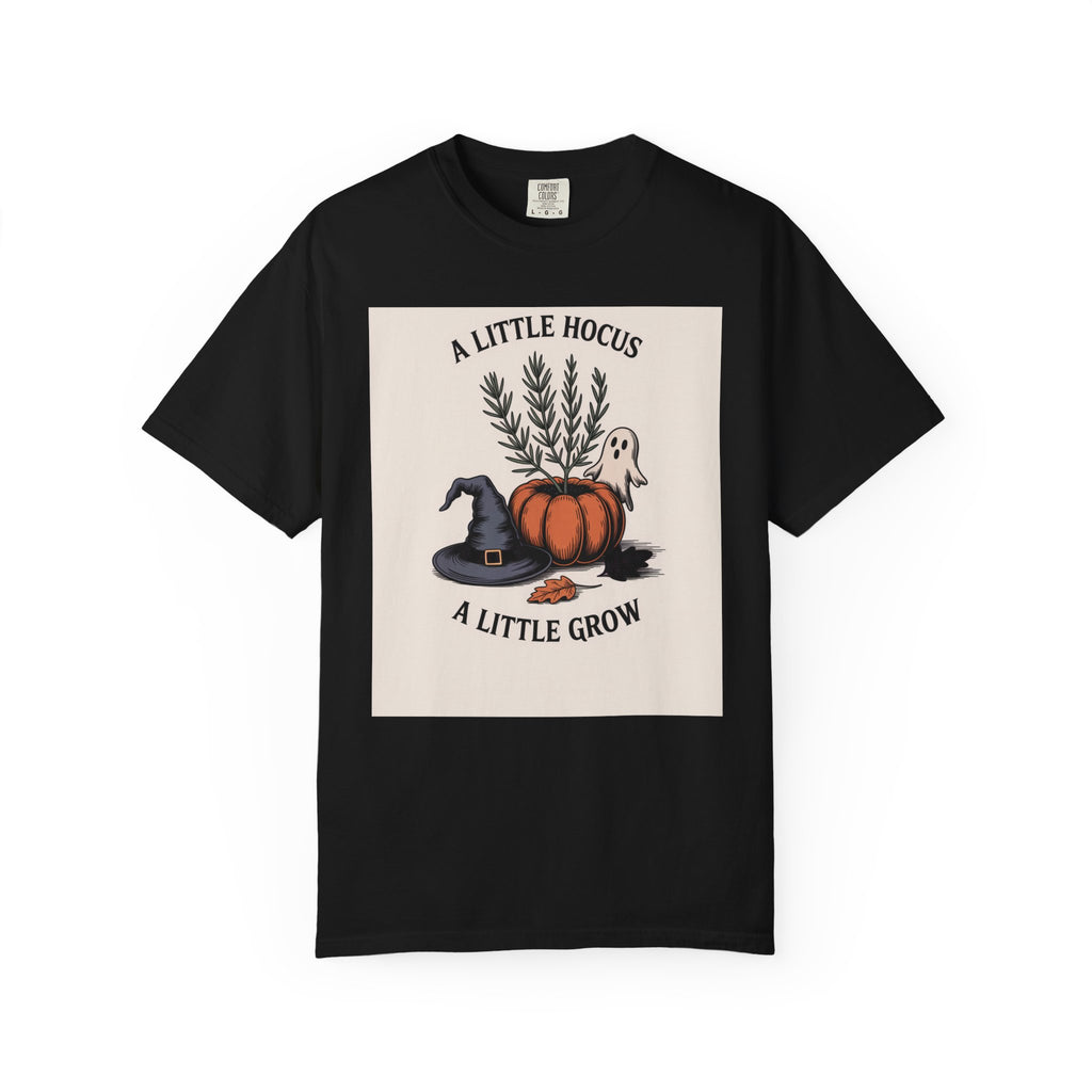 A Little Hocus A Little Grow Shirt, Halloween Botanical T-Shirt, Pumpkin Planter Witch Hat Ghost Tee, Cozy Fall Gift