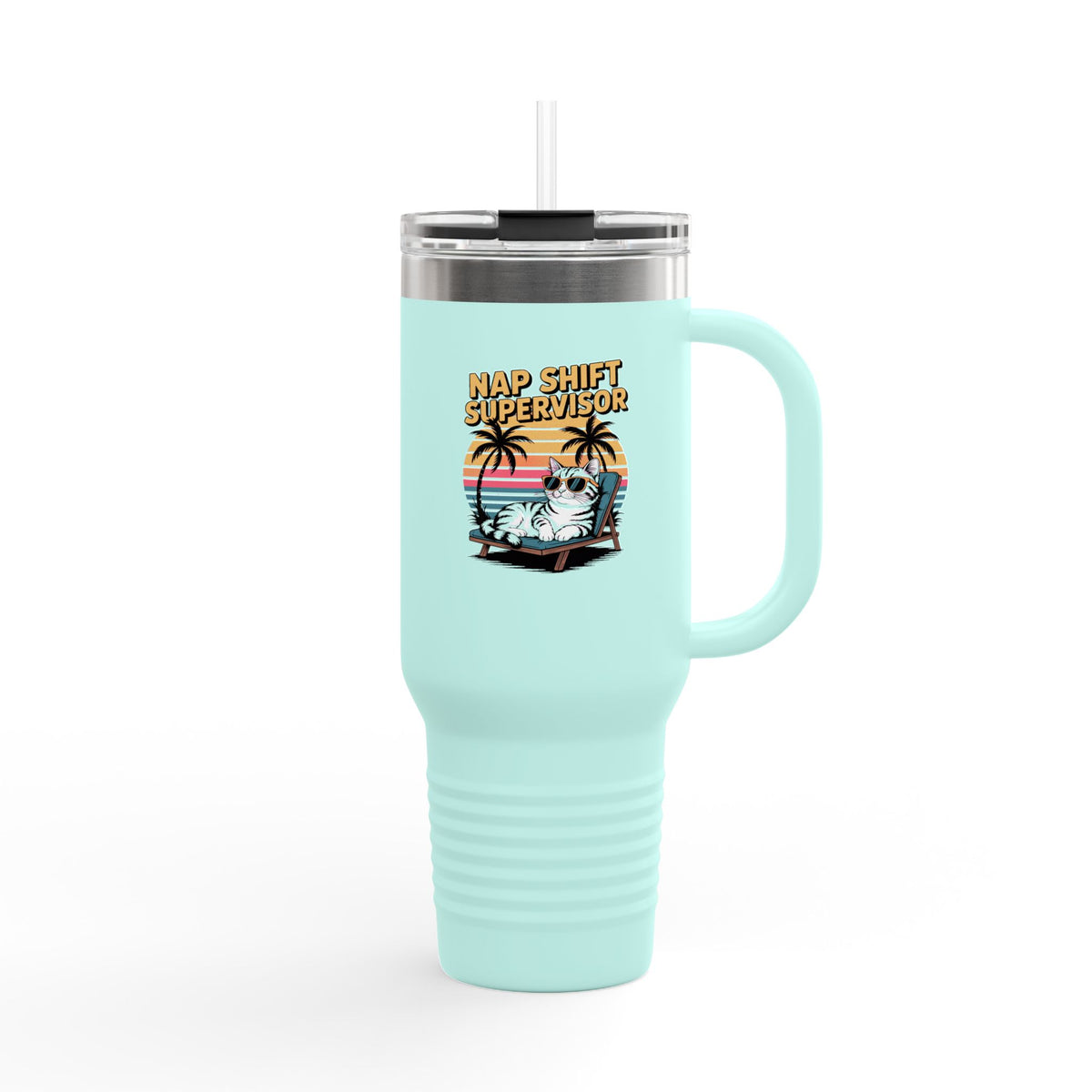 Retro Cat Sunset Tumbler, Funny Cat Lover 40oz Travel Mug, Nap Shift Supervisor Cup, Vintage 90s Cat Gift, Insulated Tumbler with Handle