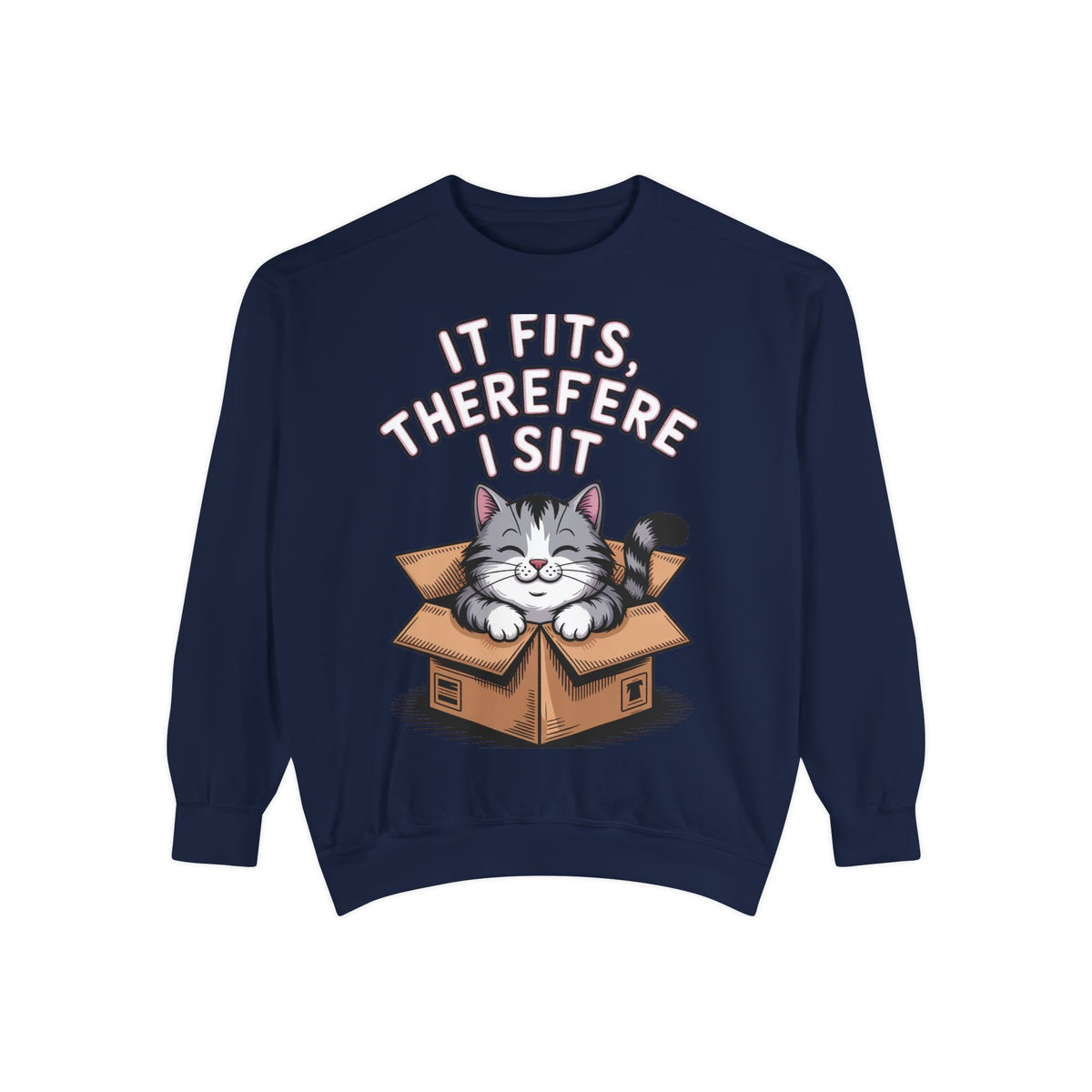 Funny Cat Sweatshirt, It Fits Therefore I Sit Crewneck, Cat In Box Embroidered Sweatshirt, Cat Lover Gift, Funny Cat Lover Sweater