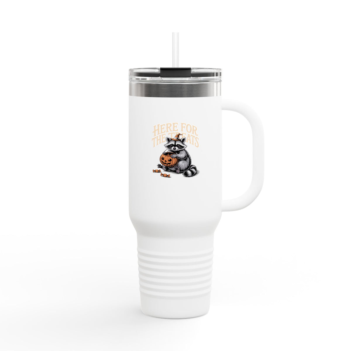 Here For The Treats Raccoon Travel Mug, Funny Halloween Tumbler, Trick Or Treat Raccoon 40oz Cup, Spooky Season Gift