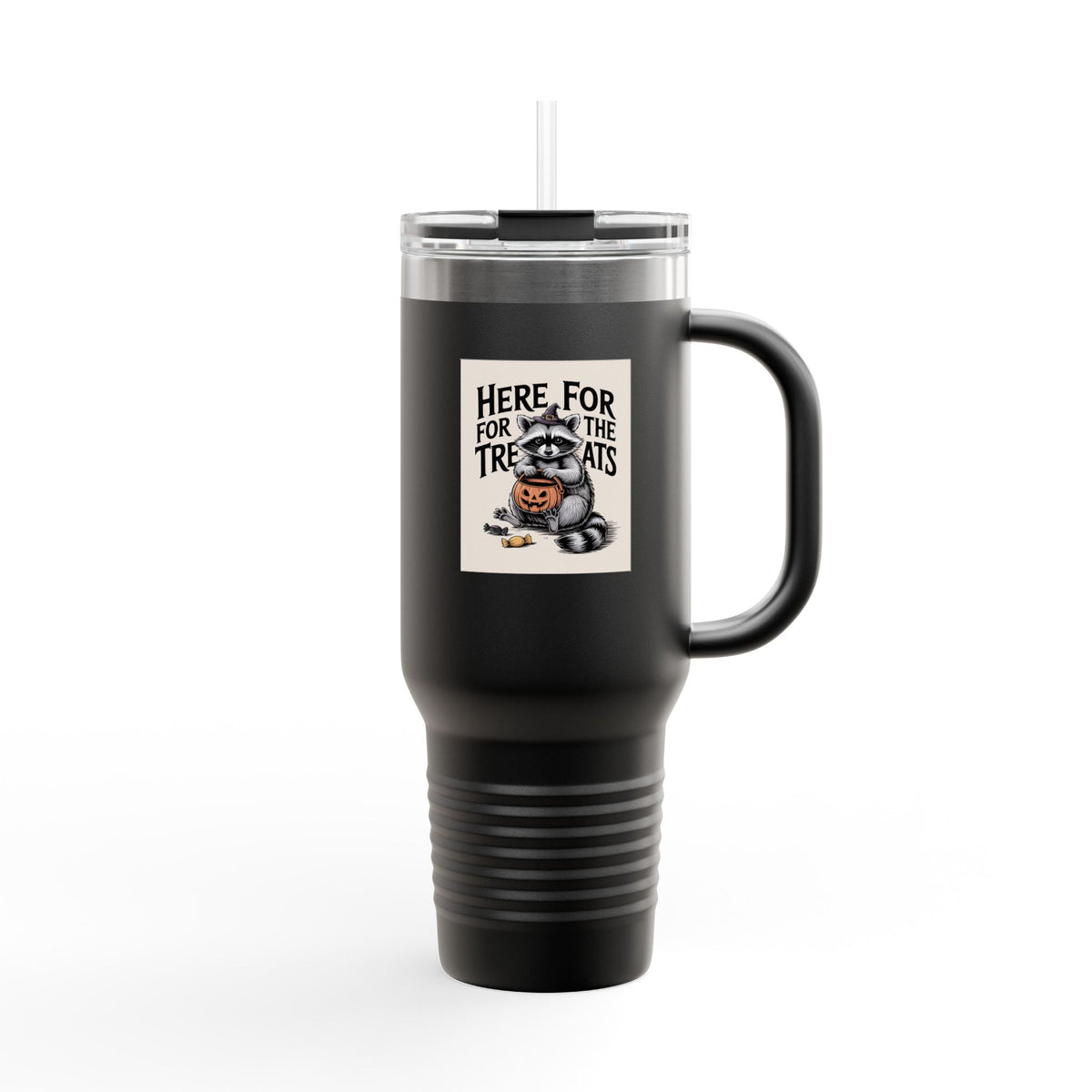 Here For The Treats Raccoon Travel Mug, Funny Halloween Tumbler, Spooky Season 40oz Tumbler with Handle, Trick or Treat Gift