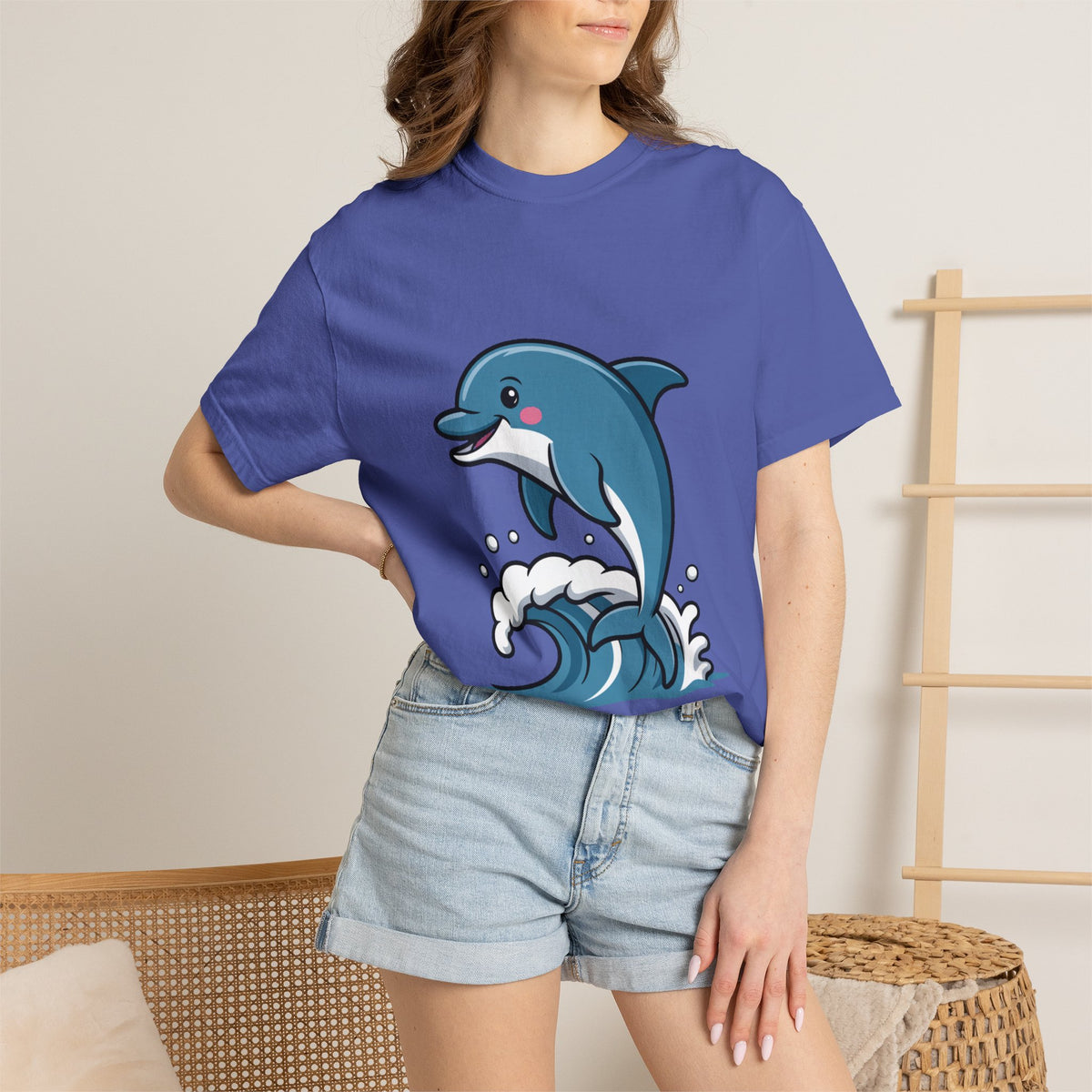 Cute Dolphin T-Shirt, Jumping Wave Dolphin Shirt, Ocean Lover Gift, Garment Dyed Unisex Tee, Beach Vacation Shirt