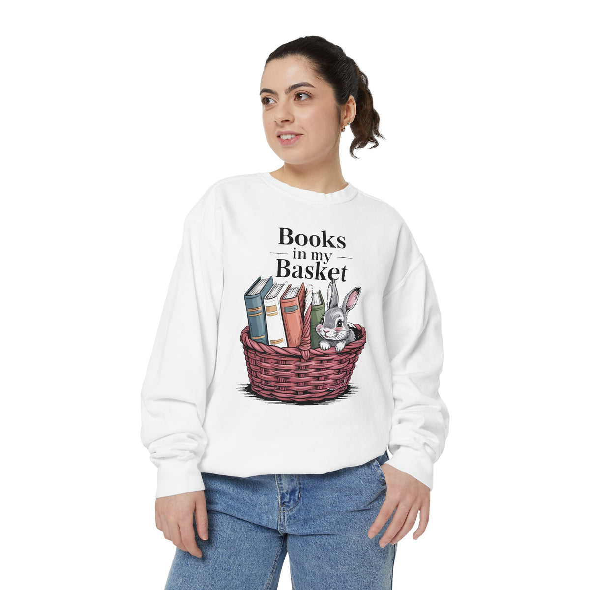 Book Lover Easter Sweatshirt, Books In My Basket Crewneck, Easter Gift For Reader, Bunny Book Lover Gift, Embroidered Garment Dyed Sweatshi…