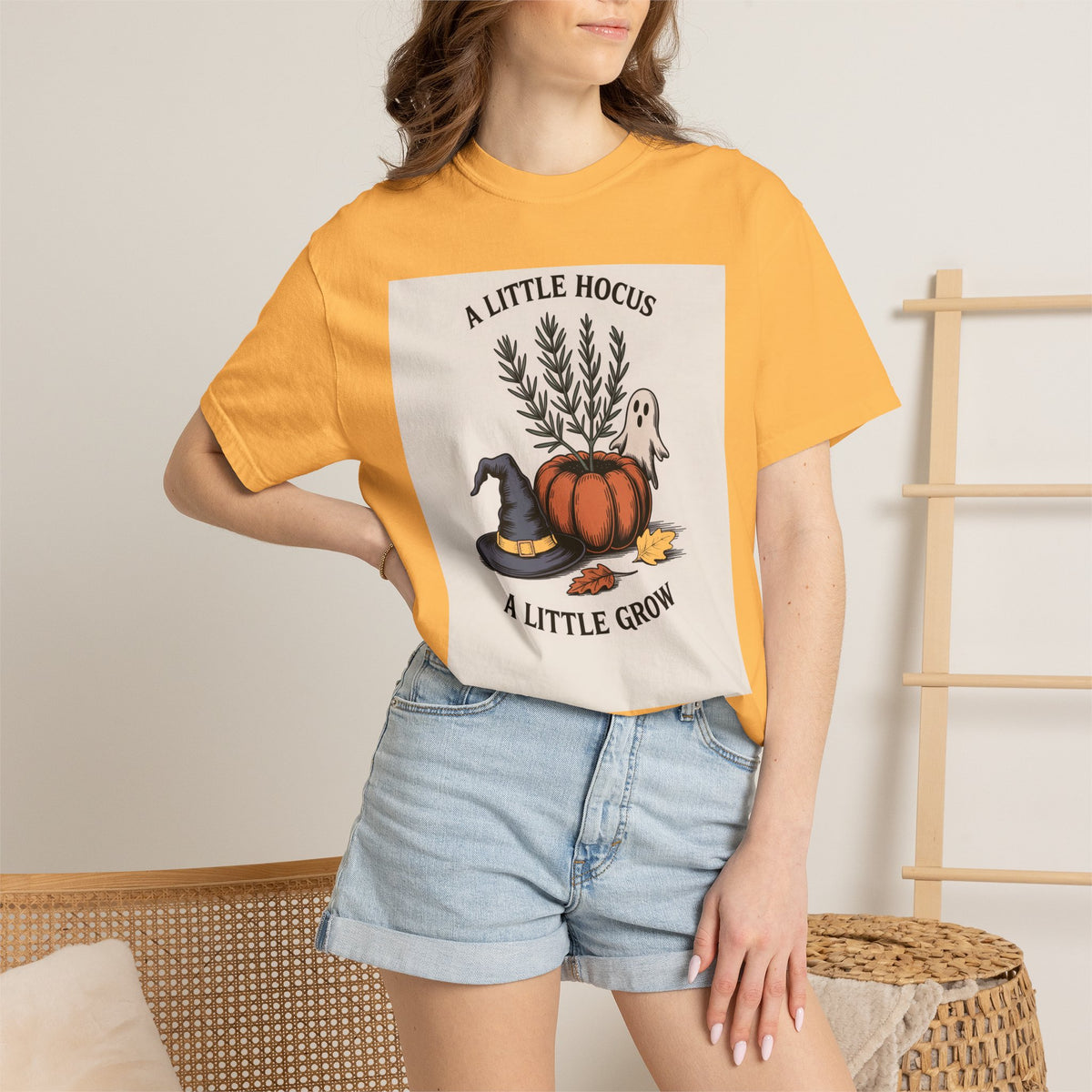 A Little Hocus A Little Grow Shirt, Halloween Botanical T-Shirt, Pumpkin Planter Witch Hat Ghost Tee, Cozy Fall Gift