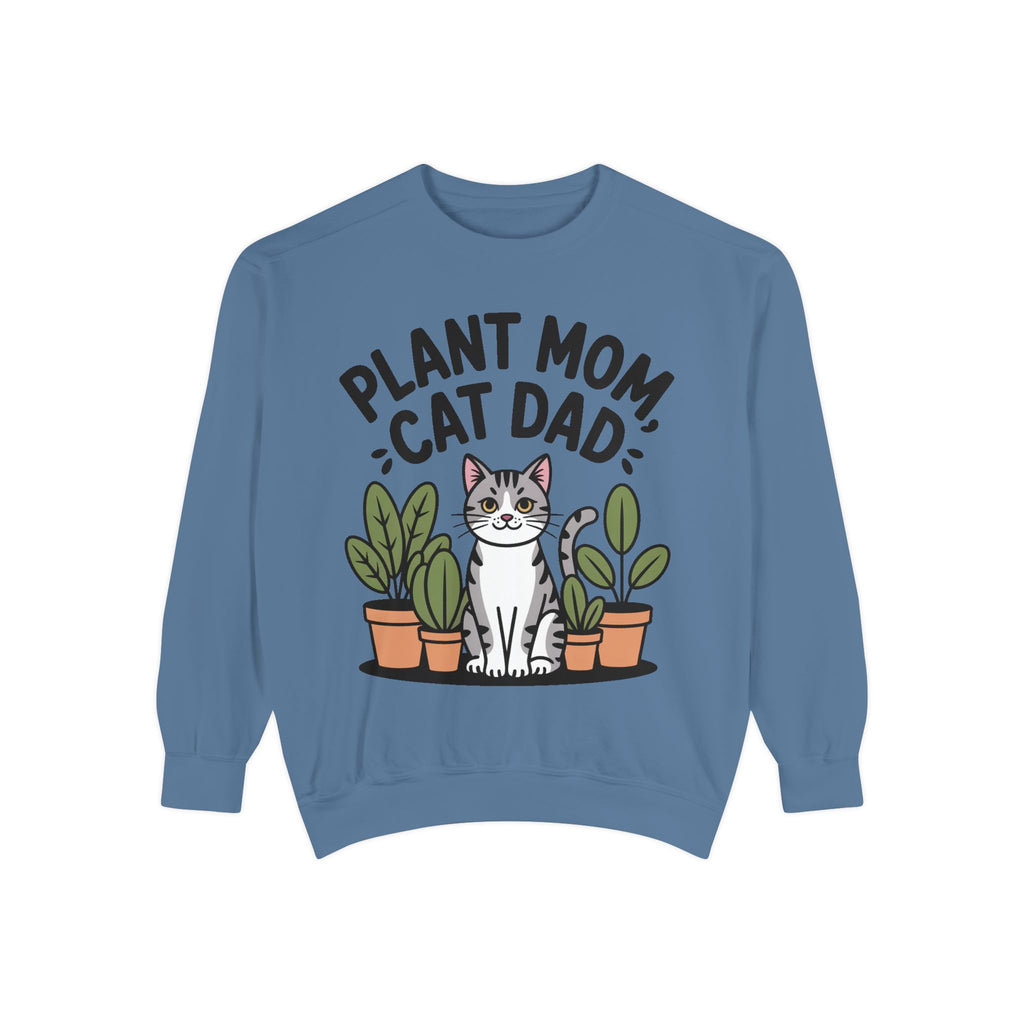 Plant Mom Cat Dad Sweatshirt, Funny Cat Lover Crewneck, Cute Plant Lady Gift, Embroidered Patch Style Sweatshirt for Cat Owners