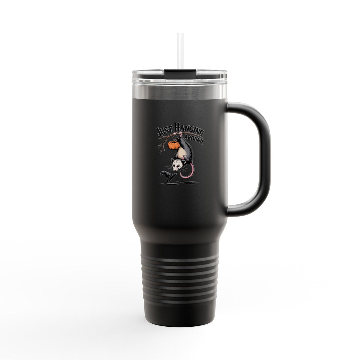 Opossum Halloween Travel Mug 40oz, Just Hanging Around Tumbler, Vintage Spooky Season Insulated Cup with Handle and Straw, Fall Gift
