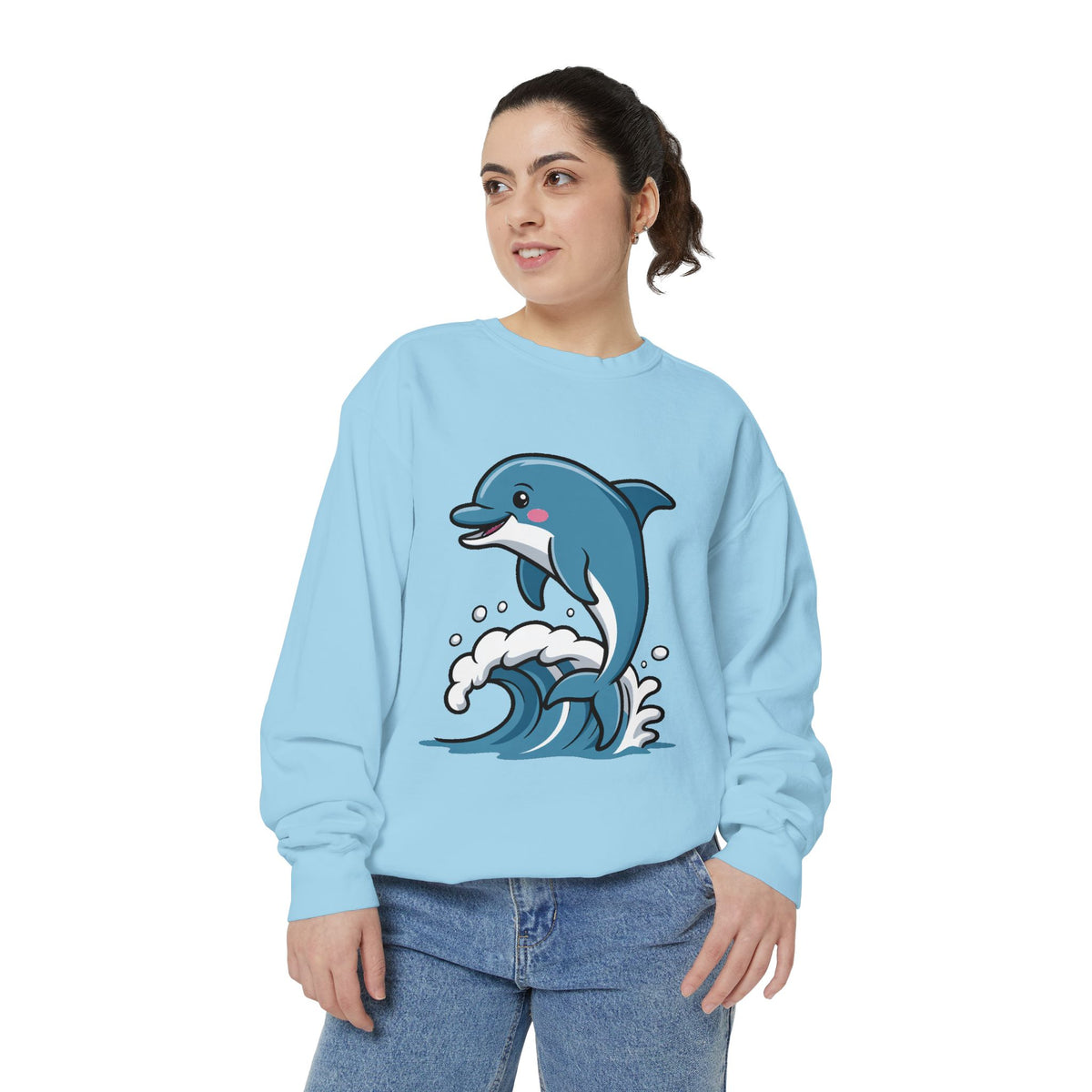 Cute Dolphin Sweatshirt, Embroidered Wave Crewneck, Ocean Lover Gift, Garment Dyed Beach Sweatshirt for Women Men
