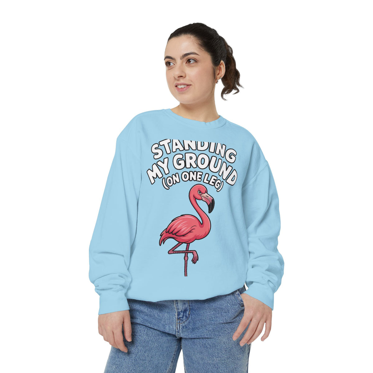 Standing My Ground Flamingo Sweatshirt, Funny One Leg Flamingo Crewneck, Sassy Bird Lover Gift, Embroidered Patch Style Sweatshirt