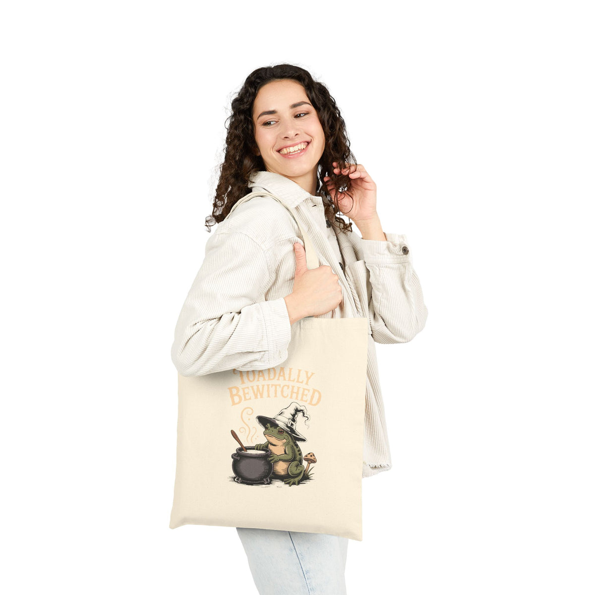Toadally Bewitched Tote Bag, Funny Halloween Witch Toad Canvas Bag, Vintage Storybook Frog Witch Gift, Spooky Season Tote