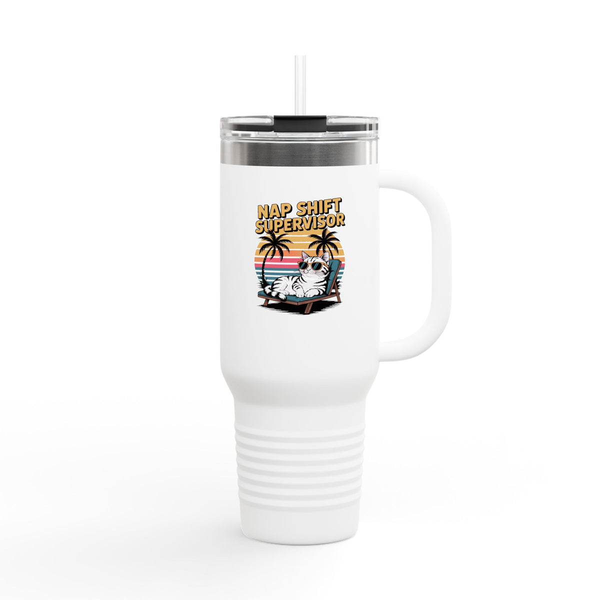 Retro Cat Sunset Tumbler, Funny Cat Lover 40oz Travel Mug, Nap Shift Supervisor Cup, Vintage 90s Cat Gift, Insulated Tumbler with Handle