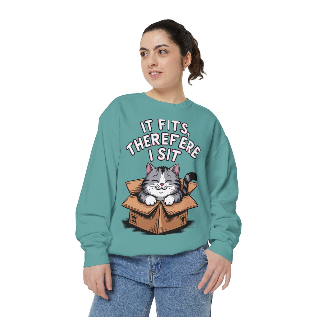 Funny Cat Sweatshirt, It Fits Therefore I Sit Crewneck, Cat In Box Embroidered Sweatshirt, Cat Lover Gift, Funny Cat Lover Sweater
