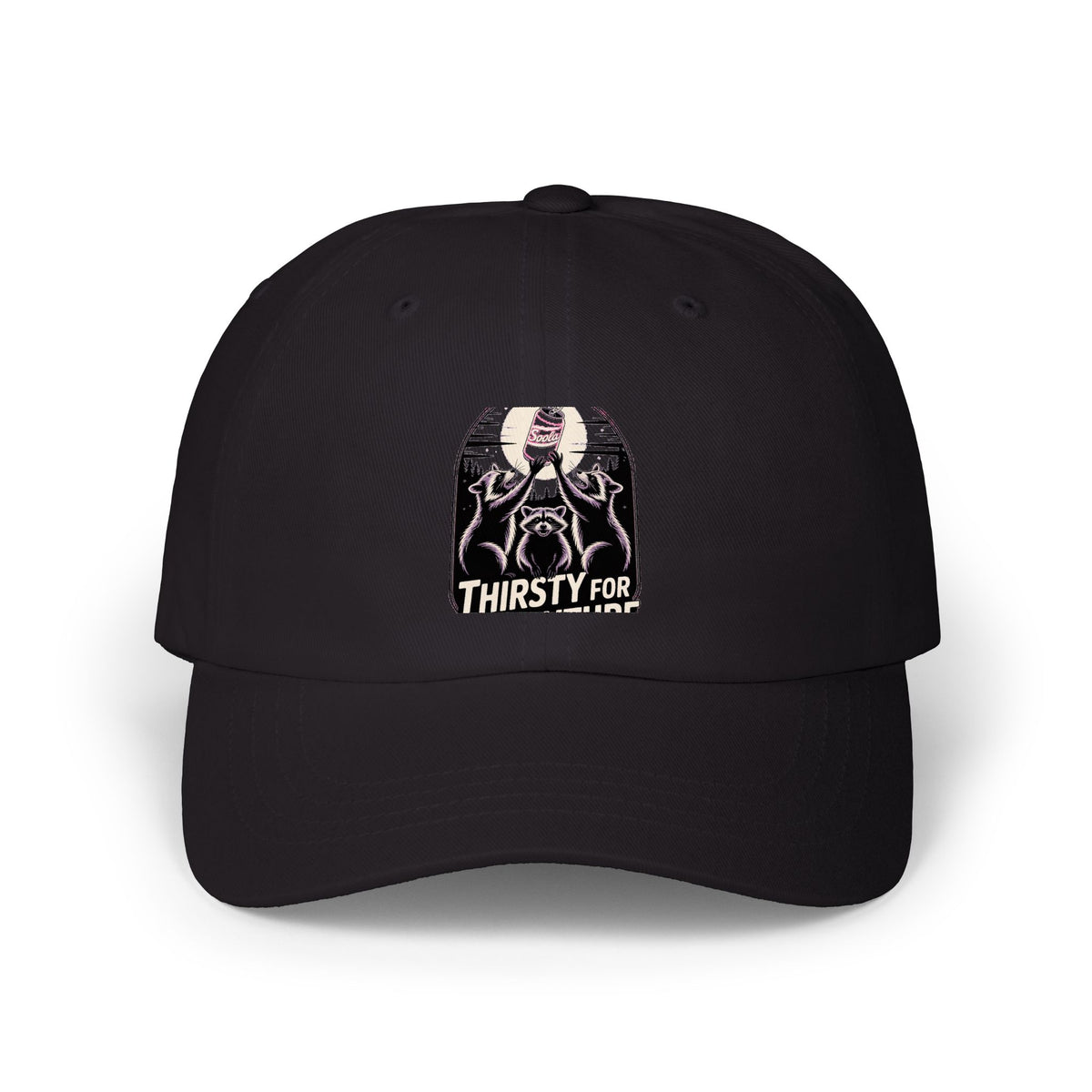 Thirsty For Adventure Raccoons Dad Cap, Funny Raccoon Hat, Vintage Poster Style Embroidered Cap, Camping Hiking Gift