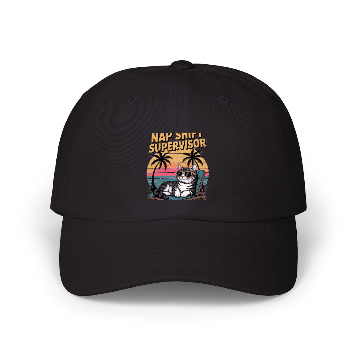 Retro Cat Dad Hat, Funny Cat Sunset Cap, Vintage 90s Style Embroidered Hat, Nap Shift Supervisor Cat Lover Gift