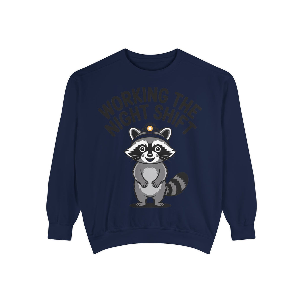 Raccoon Night Shift Sweatshirt, Funny Night Owl Crewneck, Cute Raccoon Headlamp Graphic, Gift for Nurse or Night Worker