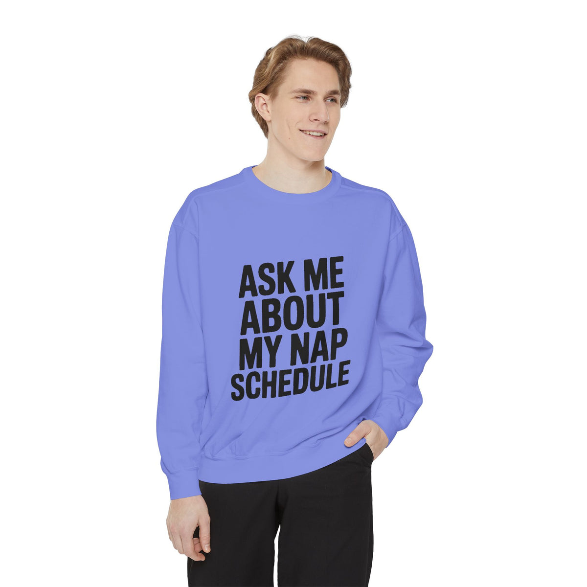 Ask Me About My Nap Schedule Sweatshirt, Funny Embroidered Crewneck, Nap Lover Gift, Cozy Minimalist Sweatshirt for Tired Adults