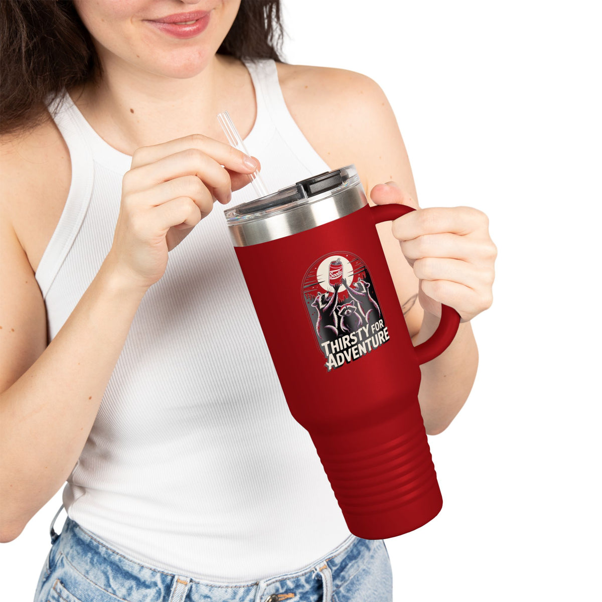 Thirsty For Adventure Raccoons Tumbler, Funny Raccoon 40oz Travel Mug, Vintage Poster Style Insulated Cup, Camping Gift Idea