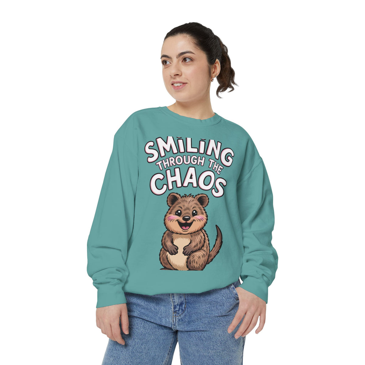 Smiling Through The Chaos Quokka Sweatshirt, Cute Embroidered-Look Crewneck, Funny Quokka Lover Gift, Positive Vibes Pullover