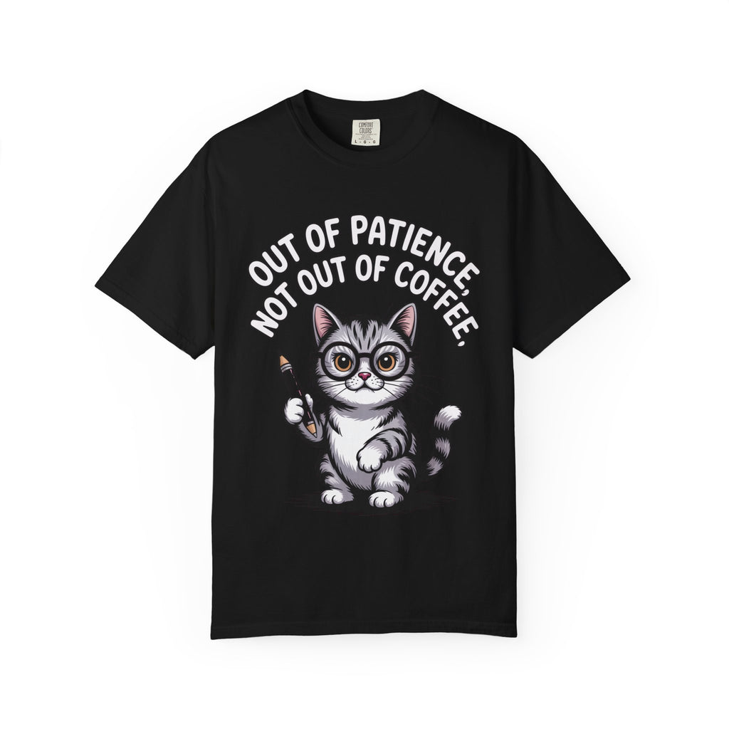 Funny Teacher Cat Shirt, Out Of Patience Not Out Of Coffee T-Shirt, Cat Lover Teacher Gift, Grading Papers Tee