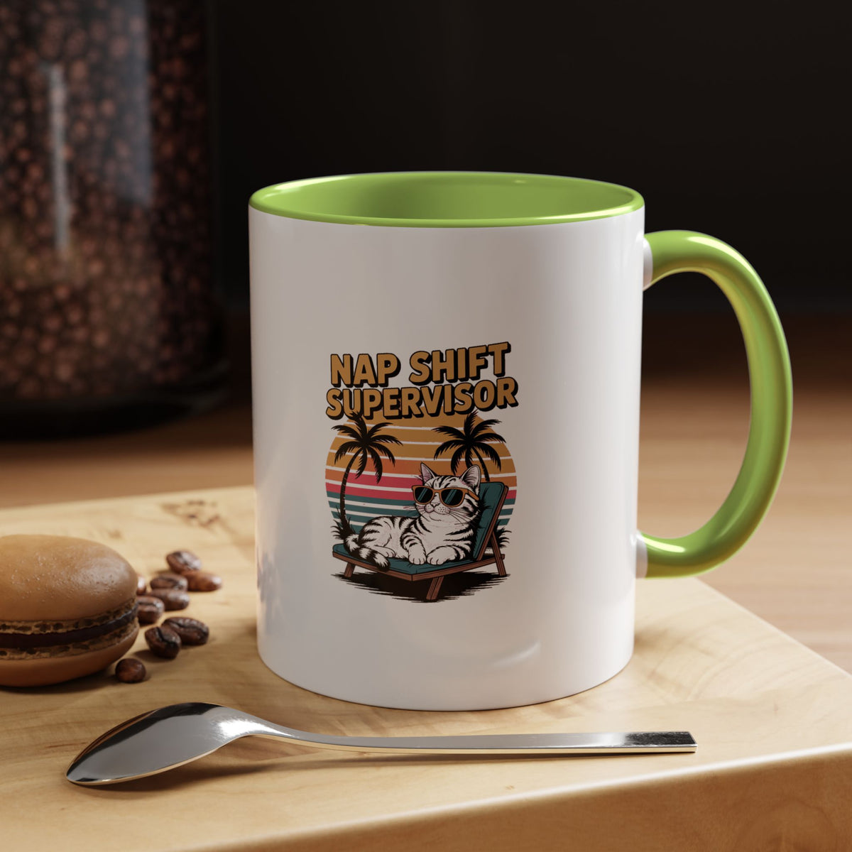 Retro Cat Sunset Mug, Funny Nap Shift Supervisor Coffee Cup, Vintage 90s Cat Lover Gift, Sunglasses Cat Sunset Mug