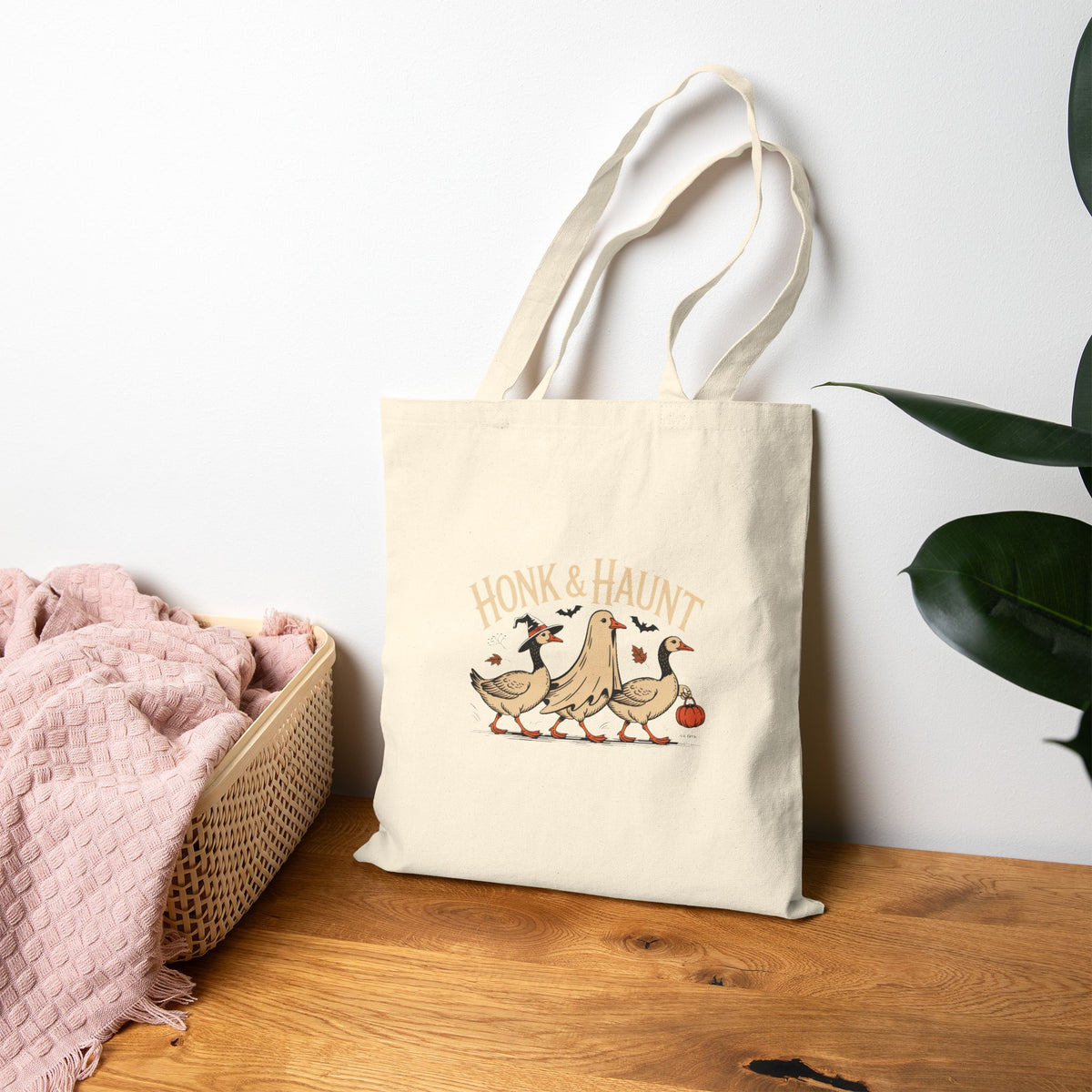 Honk & Haunt Geese Tote Bag, Funny Halloween Goose Canvas Bag, Vintage Spooky Bird Lover Gift, Witch Ghost Pumpkin Goose Tote