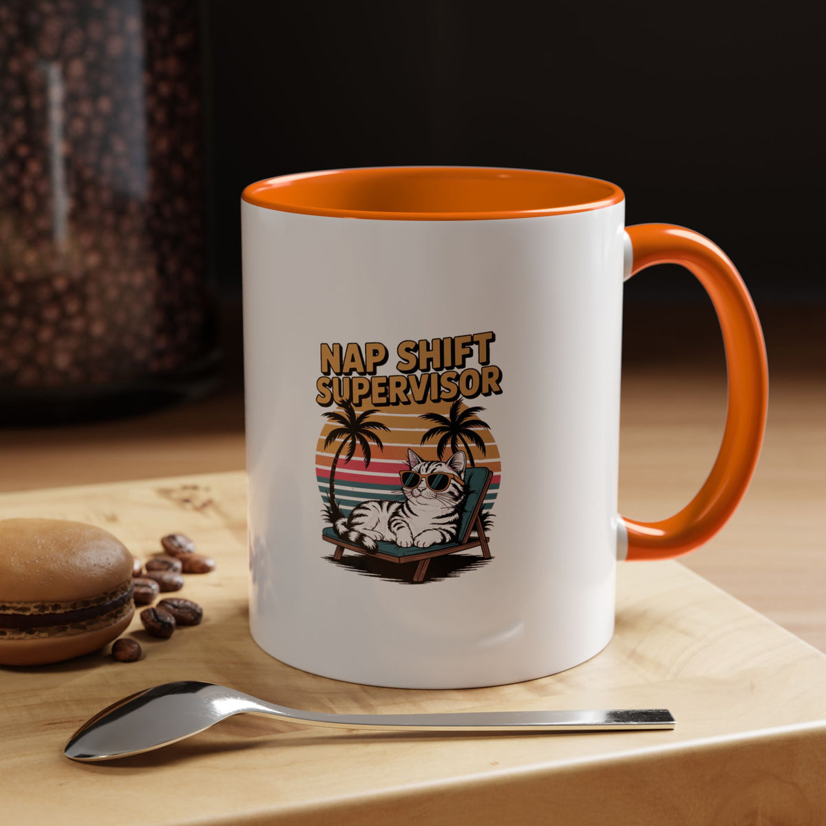 Retro Cat Sunset Mug, Funny Nap Shift Supervisor Coffee Cup, Vintage 90s Cat Lover Gift, Sunglasses Cat Sunset Mug